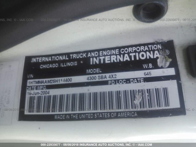 1HTMMAAM25H114400 - 2005 INTERNATIONAL 4300 4300 WHITE photo 10