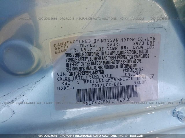 3N1CE2CP5FL442760 - 2015 NISSAN VERSA NOTE S/S PLUS/SV/SL/SR Light Blue photo 9