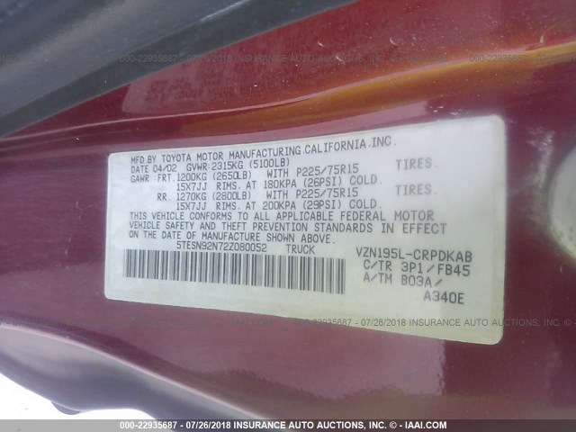 5TESN92N72Z080052 - 2002 TOYOTA TACOMA XTRACAB PRERUNNER 黑色 照片 9