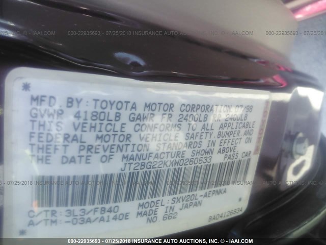 JT2BG22KXW0260633 - 1998 TOYOTA CAMRY CE/LE/XLE RED photo 9