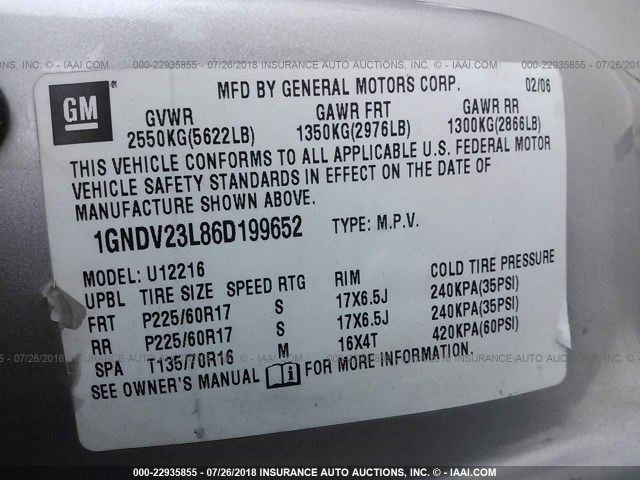 1GNDV23L86D199652 - 2006 CHEVROLET UPLANDER LS SILVER photo 9