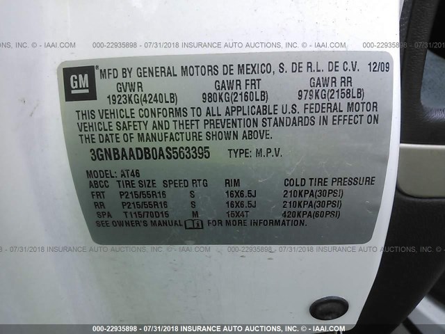 3GNBAADB0AS563395 - 2010 CHEVROLET HHR LS WHITE photo 9