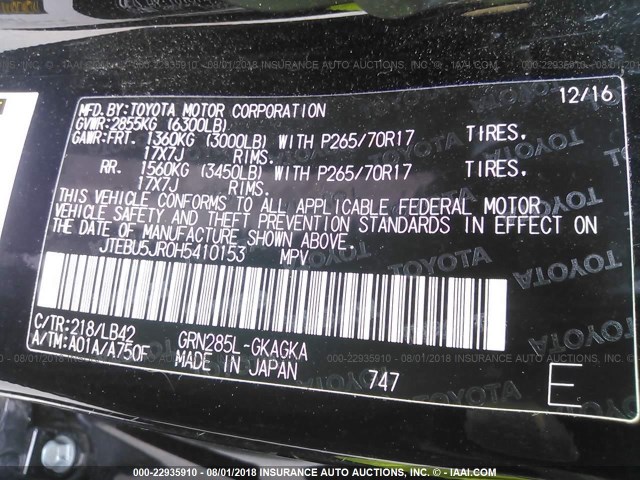 JTEBU5JR0H5410153 - 2017 TOYOTA 4RUNNER SR5 PREM/LTDL/TRAIL/TRD Czarny zdjęcie 9