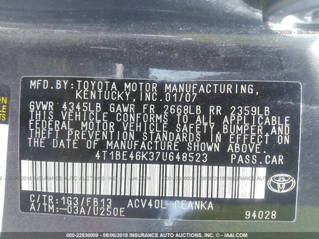 4T1BE46K37U648523 - 2007 TOYOTA CAMRY NEW GENERAT CE/LE/XLE/SE GRAY photo 9