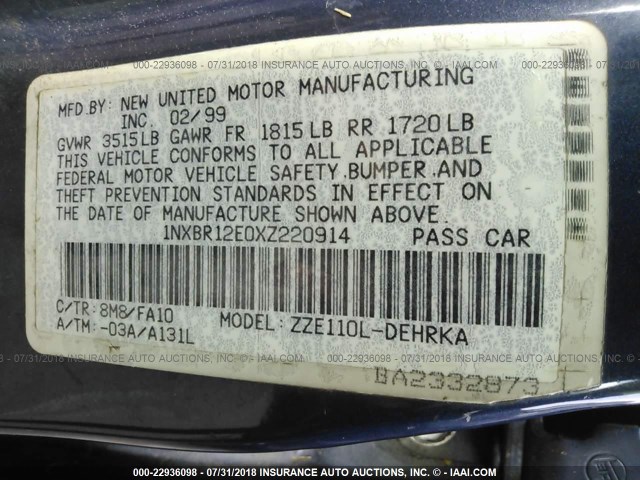 1NXBR12E0XZ220914 - 1999 TOYOTA COROLLA VE/CE/LE 蓝色 照片 9