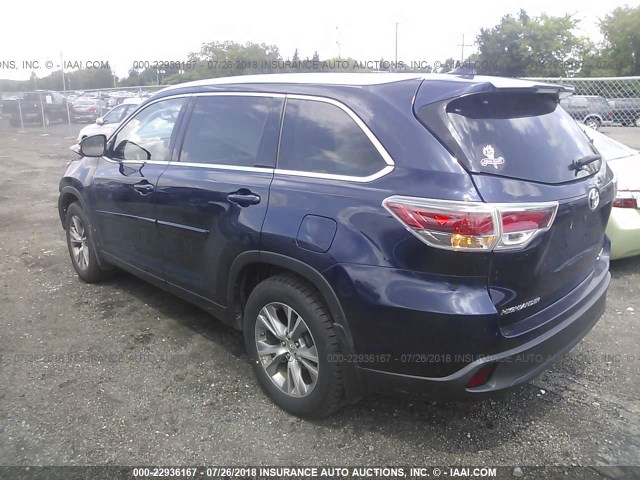 5TDJKRFH9FS142840 - 2015 TOYOTA HIGHLANDER XLE BLUE photo 3