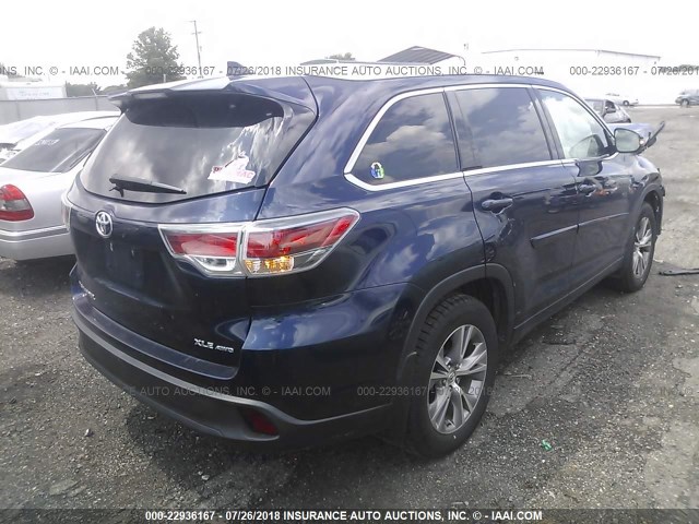 5TDJKRFH9FS142840 - 2015 TOYOTA HIGHLANDER XLE BLUE photo 4