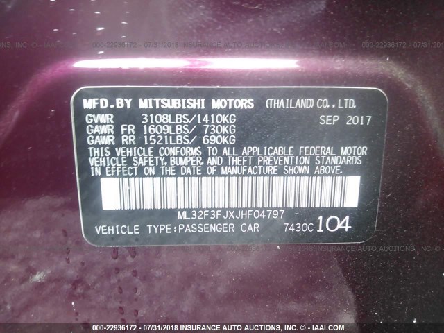 ML32F3FJXJHF04797 - 2018 MITSUBISHI MIRAGE G4 ES Бордовый фото 9