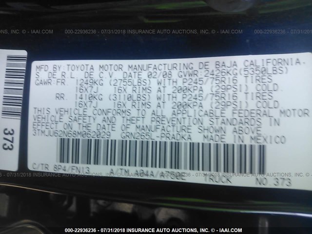 3TMJU62N68M062029 - 2008 TOYOTA TACOMA DOUBLE CAB PRERUNNER BLUE photo 9