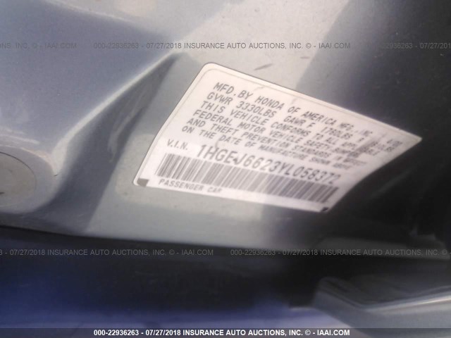 1HGEJ6623YL058372 - 2000 HONDA CIVIC DX BLUE photo 9