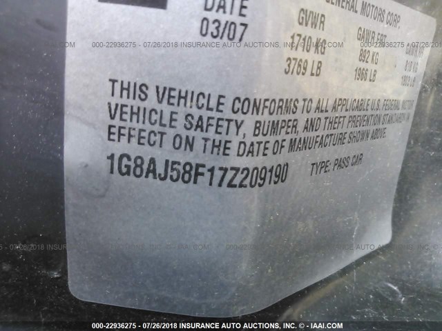 1G8AJ58F17Z209190 - 2007 SATURN ION LEVEL 2 白色 照片 9