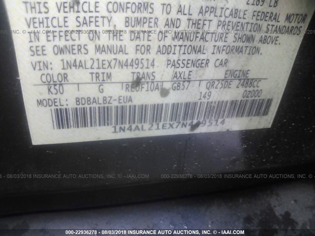 1N4AL21EX7N449514 - 2007 NISSAN ALTIMA 2.5/2.5S GRAY photo 9