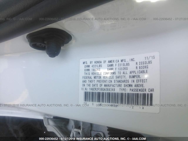 1HGCR2F56GA066348 - 2016 HONDA ACCORD SPORT WHITE photo 9