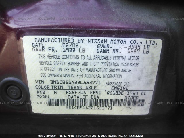 3N1CB51A22L553771 - 2002 NISSAN SENTRA GXE MAROON photo 9