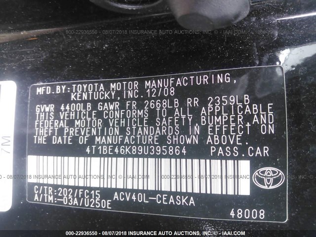 4T1BE46K89U395864 - 2009 TOYOTA CAMRY SE/LE/XLE 黑色 照片 9