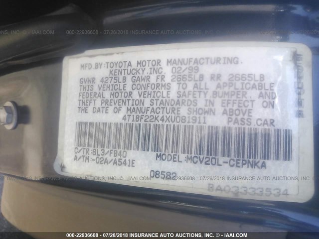4T1BF22K4XU081911 - 1999 TOYOTA CAMRY LE/XLE BLACK photo 9