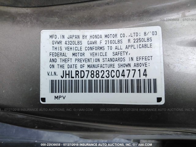 JHLRD78823C047714 - 2003 HONDA CR-V EX GOLD photo 9