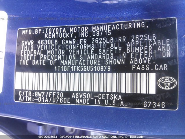 4T1BF1FK5GU510879 - 2016 TOYOTA CAMRY LE/XLE/SE/XSE 蓝色 照片 9