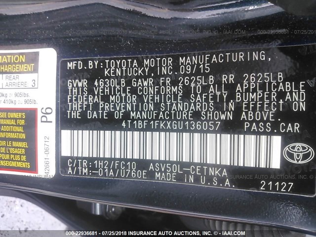 4T1BF1FKXGU136057 - 2016 TOYOTA CAMRY LE/XLE/SE/XSE BLACK photo 9