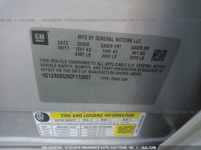 1G1ZA5EU9CF172907 - 2012 CHEVROLET MALIBU LS 银色 照片 9