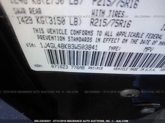 1J4GL48K83W503841 - 2003 JEEP LIBERTY SPORT/FREEDOM შავი ფოტო 9