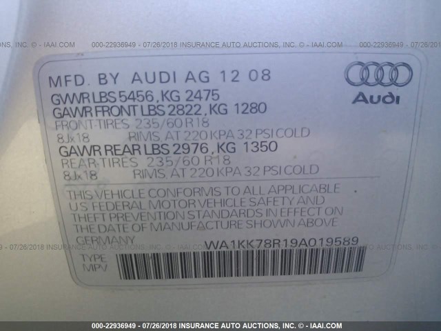 WA1KK78R19A019589 - 2009 AUDI Q5 3.2 SILVER photo 9