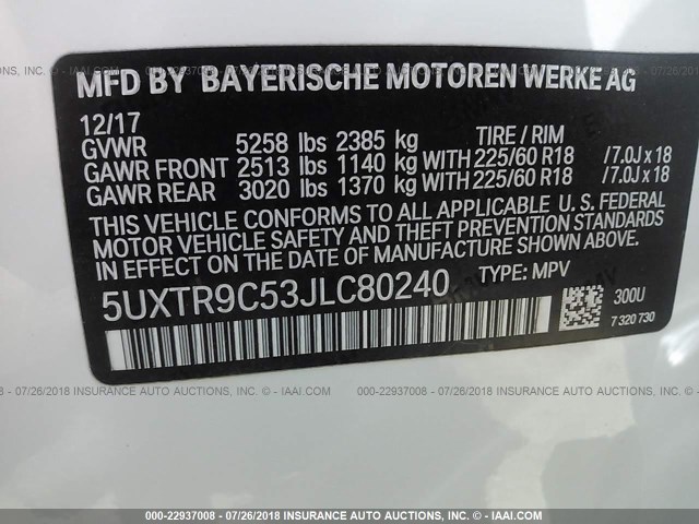 5UXTR9C53JLC80240 - 2018 BMW X3 XDRIVEM40I WHITE photo 9