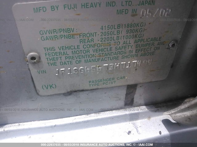 JF1SG65673H717494 - 2003 SUBARU FORESTER 2.5XS ვერცხლისფერი ფოტო 9