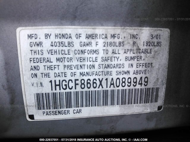 1HGCF866X1A089949 - 2001 HONDA ACCORD VALUE SILVER photo 9