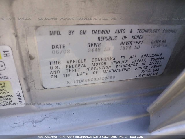 KL1TD66EX9B320359 - 2009 CHEVROLET AVEO LS/LT 银色 照片 9