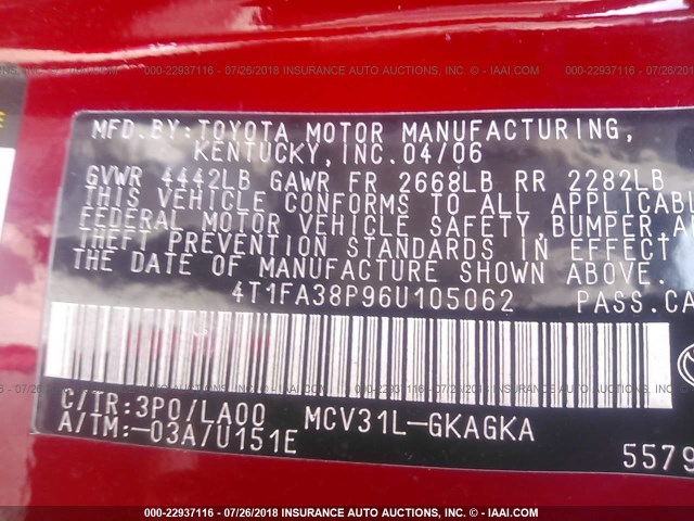 4T1FA38P96U105062 - 2006 TOYOTA CAMRY SOLARA SE/SLE წითელი ფოტო 9