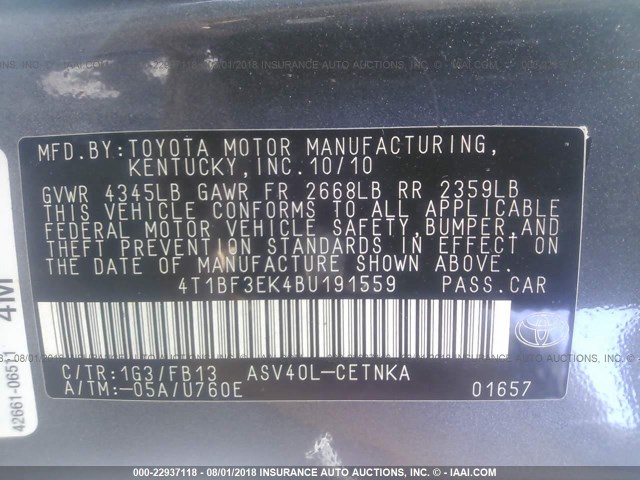 4T1BF3EK4BU191559 - 2011 TOYOTA CAMRY SE/LE/XLE 灰色 照片 9