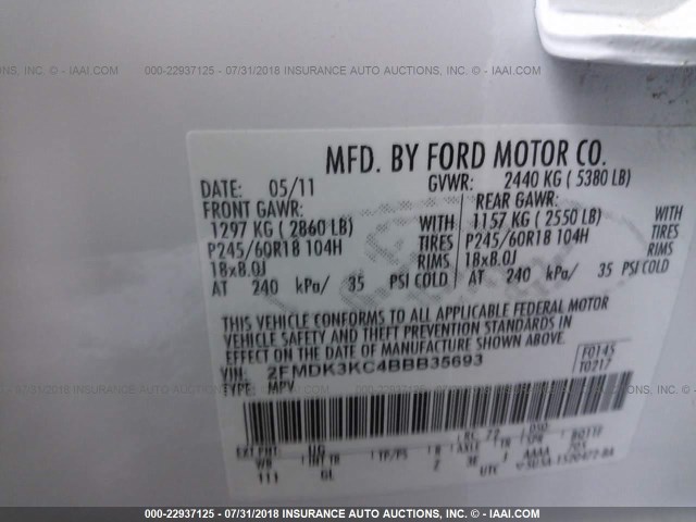 2FMDK3KC4BBB35693 - 2011 FORD EDGE LIMITED WHITE photo 9