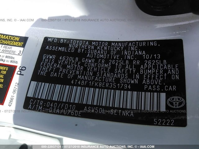 4T4BF1FK8ER351794 - 2014 TOYOTA CAMRY L/SE/LE/XLE 白色 照片 9