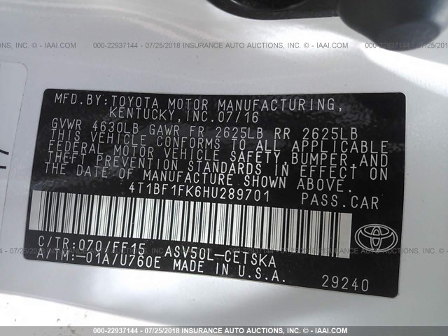 4T1BF1FK6HU289701 - 2017 TOYOTA CAMRY LE/XLE/SE/XSE 白色 照片 9