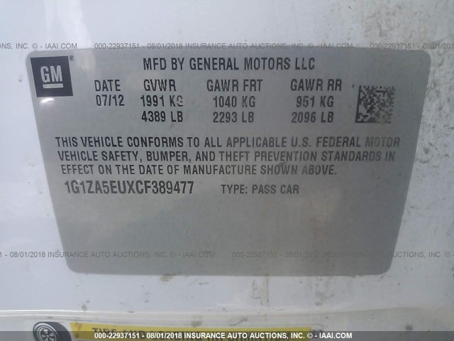 1G1ZA5EUXCF389477 - 2012 CHEVROLET MALIBU LS თეთრი ფოტო 9