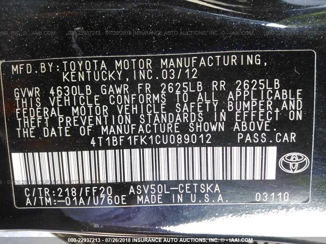 4T1BF1FK1CU089012 - 2012 TOYOTA CAMRY SE/LE/XLE BLACK photo 9