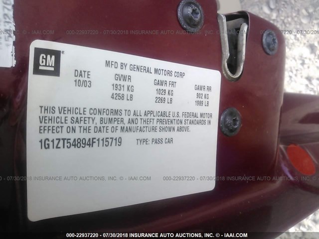 1G1ZT54894F115719 - 2004 CHEVROLET MALIBU LS მუქწითელი ფოტო 9