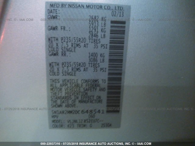 5N1AR2MM2DC648541 - 2013 NISSAN PATHFINDER S/SV/SL/PLATINUM SILVER photo 9