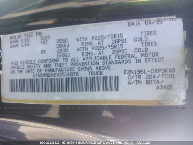 4TASM92N6XZ514978 - 1999 TOYOTA TACOMA XTRACAB PRERUNNER შავი ფოტო 9