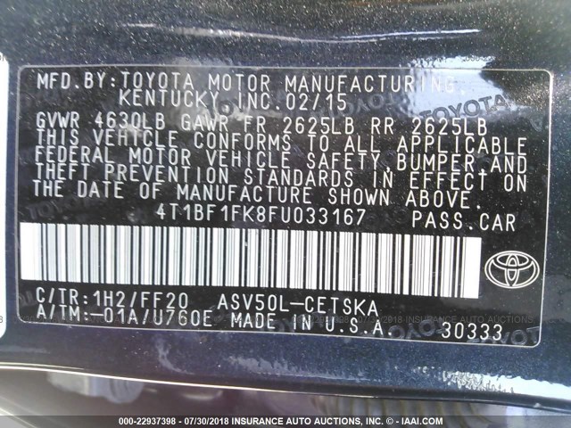 4T1BF1FK8FU033167 - 2015 TOYOTA CAMRY LE/XLE/SE/XSE BLACK photo 9