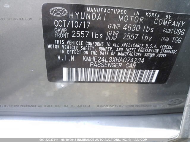 KMHE24L3XHA074234 - 2017 HYUNDAI SONATA HYBRID/SE GRAY photo 9