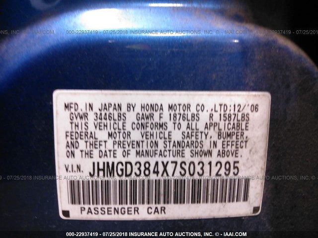 JHMGD384X7S031295 - 2007 HONDA FIT BLUE photo 9