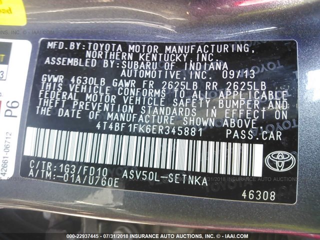 4T4BF1FK6ER345881 - 2014 TOYOTA CAMRY L/SE/LE/XLE 灰色 照片 9