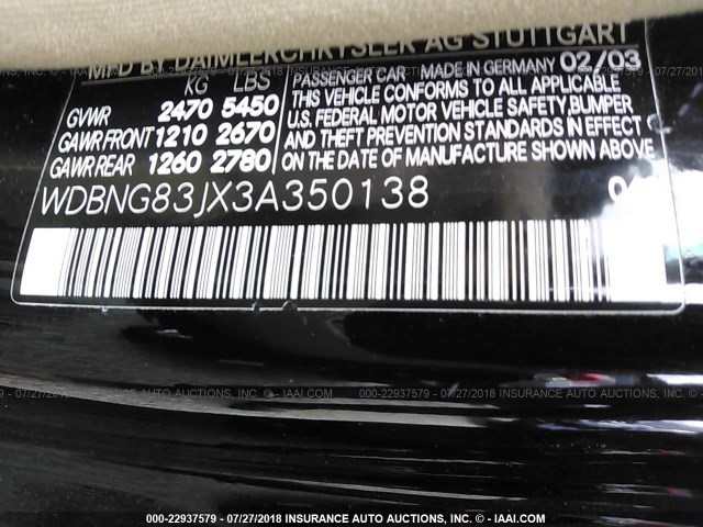 WDBNG83JX3A350138 - 2003 MERCEDES-BENZ S 430 4MATIC BLACK photo 9