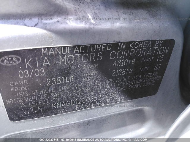 KNAGD126035244892 - 2003 KIA OPTIMA LX/SE SILVER photo 9