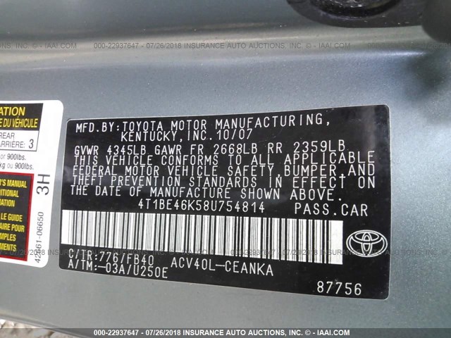 4T1BE46K58U754814 - 2008 TOYOTA CAMRY CE/LE/XLE/SE GREEN photo 9