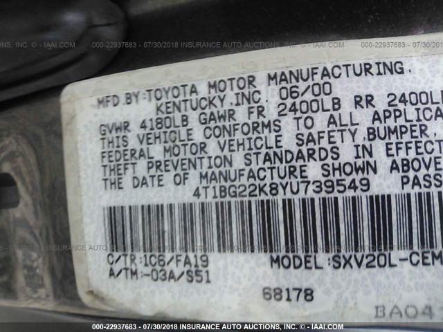 4T1BG22K8YU739549 - 2000 TOYOTA CAMRY CE/LE/XLE 灰色 照片 9