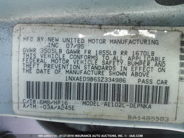 1NXAE09B6SZ334986 - 1995 TOYOTA COROLLA LE/DX ტალღისფერი ფოტო 9