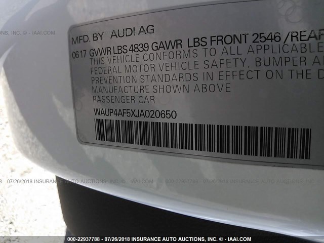 WAUP4AF5XJA020650 - 2018 AUDI S5 PREMIUM PLUS 白色 照片 9